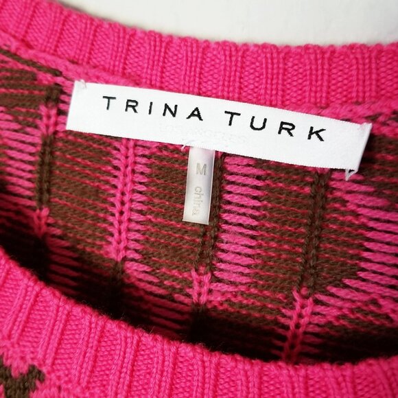 Trina Turk Merino Wool Pink Brown Geometric Honeycomb Crewneck Sweater Size M - Picture 5 of 14
